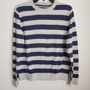 Tommy Hilfiger Men's Striped  Crew Nick Sweater - Navy and Gray. Size: M